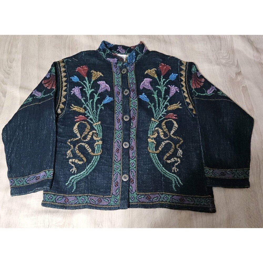 Sugar Street Weavers Black Green Multi Woven Tapestry Jacket Floral Vase Sz L